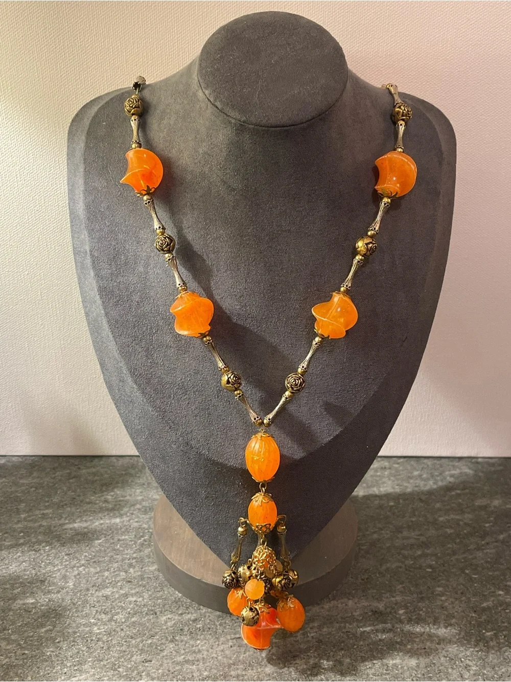 VTG‎ 1970s Orange Lucite & Brass Beaded Tassel Y Necklace Boho Statement Piece